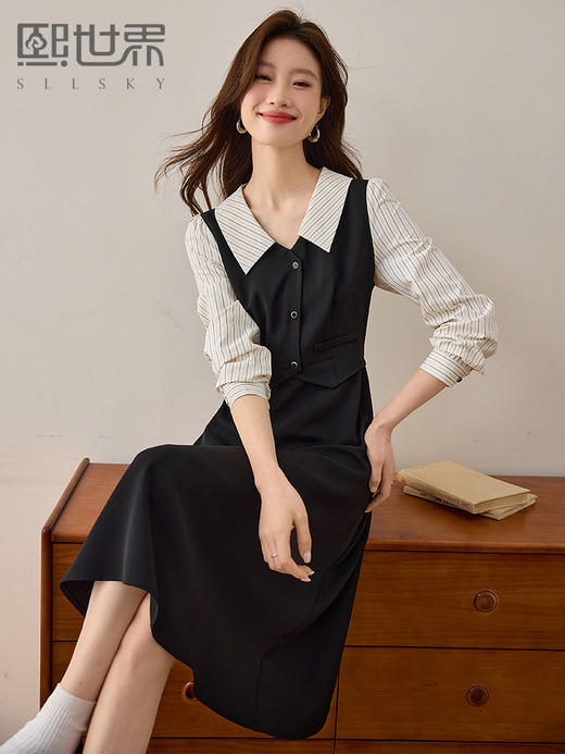 【五折购】熙世界法式通勤学院风条纹长袖衬衫领假两件连衣裙女2025春秋新款 商品图0