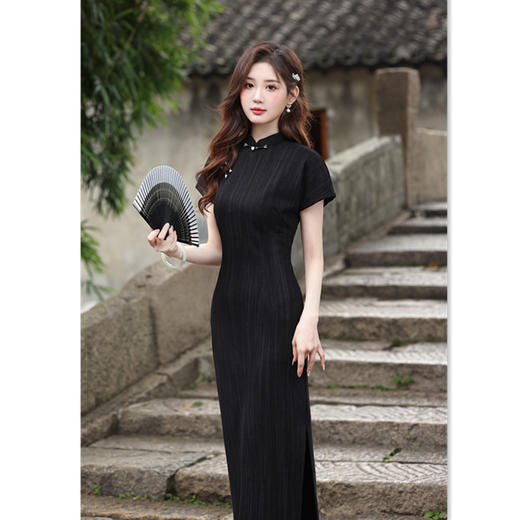 GX复古中国风黑色长款连袖旗袍2025春夏新款改良中式显瘦遮肉旗袍裙 商品图3