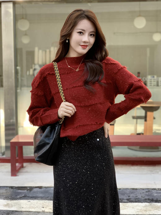 【百图lulu定制】【璀璨羽毛毛衣】懒风高级感 半高领   新年红 毛衣 商品图12