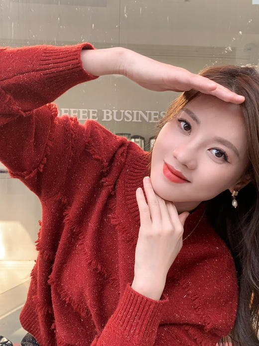 【百图lulu定制】【璀璨羽毛毛衣】懒风高级感 半高领   新年红 毛衣 商品图1