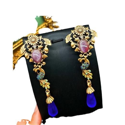 vintage00524 动物孔雀新中式玛瑙流苏古董宫廷古法耳环耳饰 商品图4