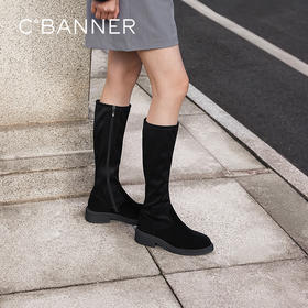 千百度羊皮粗中跟瘦瘦靴女款冬季高筒骑士靴弹力靴长靴子A24582105