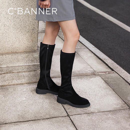 千百度羊皮粗中跟瘦瘦靴女款冬季高筒骑士靴弹力靴长靴子A24582105 商品图0