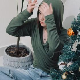 顺丰包邮42059洛诗琳柔软牛油果绿色垂褶连帽小衫220340