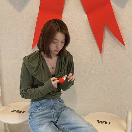 顺丰包邮42059洛诗琳柔软牛油果绿色垂褶连帽小衫220340 商品图3