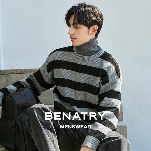 贝纳川经典圆领条纹长袖男士毛衣ECP416001402 商品图3