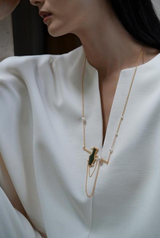 和田碧玉花瓶珍珠银鎏金镶嵌项链 商品图1