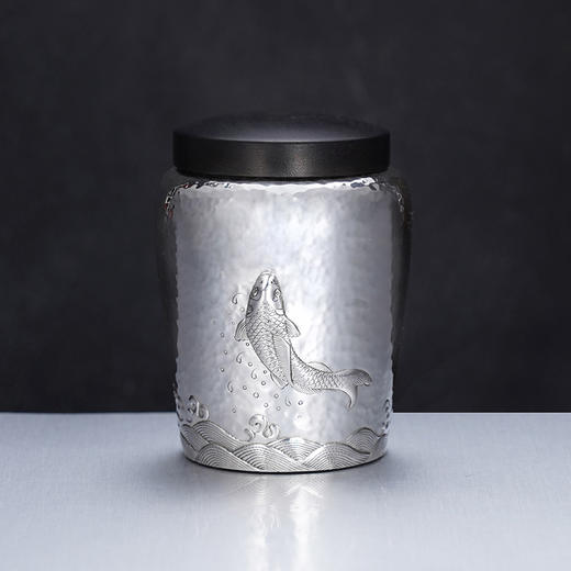 子佩集S990银【一跃而上】茶叶罐纯银【SX002】锤纹茶具原创作品 商品图0