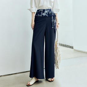 【林栖设计小店】(现货）绵羊毛混纺裤子配纯棉腰封蓝印花布秋冬新品阔腿裤女1961276