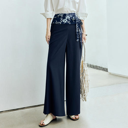 【林栖设计小店】(现货）绵羊毛混纺裤子配纯棉腰封蓝印花布秋冬新品阔腿裤女1961276 商品图0