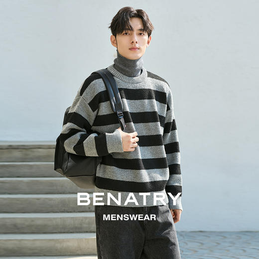 贝纳川经典圆领条纹长袖男士毛衣ECP416001402 商品图0