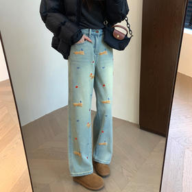 时髦洋气！腊肠狗碎花刺绣高腰微廓型阔腿直筒加绒牛仔裤冬款！