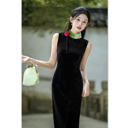 GX无袖金丝绒长款改良旗袍2025春夏新款年轻女士现代修身气质晚礼服 商品图0