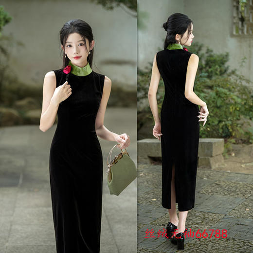 GX无袖金丝绒长款改良旗袍2025春夏新款年轻女士现代修身气质晚礼服 商品图1