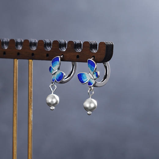 子佩集S990银【蓝蝶之恋】耳环纯银【ES00910】珐琅彩蝴蝶扣环耳圈2501 商品图2