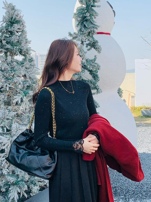 【百图lulu定制】【巴黎貂绒针织衫】法式  蕾丝喇叭袖口 闪光貂绒针织衫 商品图11