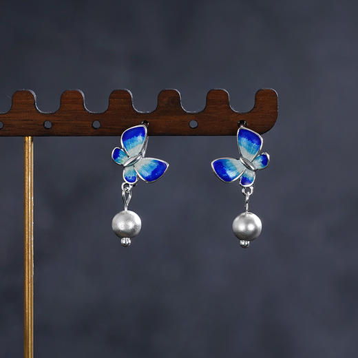 子佩集S990银【蓝蝶之恋】耳环纯银【ES00910】珐琅彩蝴蝶扣环耳圈2501 商品图1