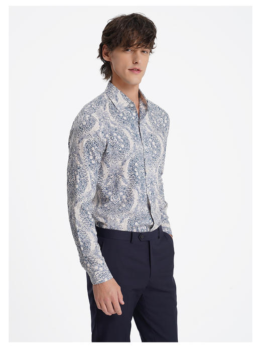 callisto山海系列蓝色棉混纺休闲长袖衬衫 商品图3