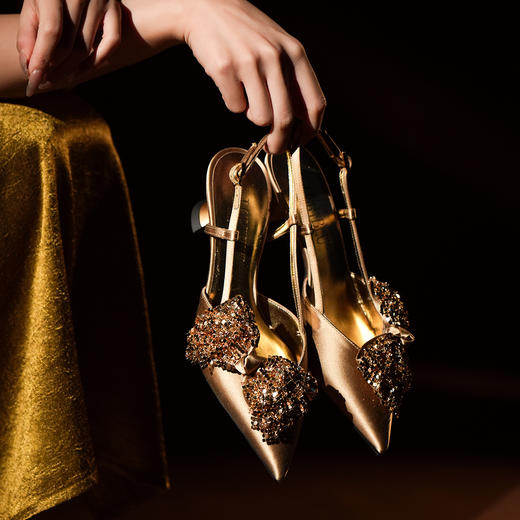 豪麟名鞋LORIBLU女鞋半凉鞋真丝布5EWSR29X金色 商品图2