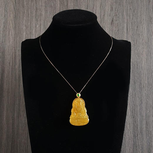 【天然正品】AU750收藏级黄金镶钻镶天然冰种黄翡翡翠观音（吉祥如意、事业有成）吊坠项链58*34.2*7.8mm（皆取最大值）中性现售价：10800！080125AH22 商品图8