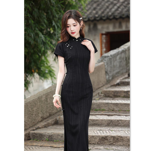 GX复古中国风黑色长款连袖旗袍2025春夏新款改良中式显瘦遮肉旗袍裙 商品图0