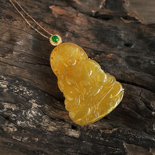 【天然正品】AU750收藏级黄金镶钻镶天然冰种黄翡翡翠观音（吉祥如意、事业有成）吊坠项链58*34.2*7.8mm（皆取最大值）中性现售价：10800！080125AH22 商品图3