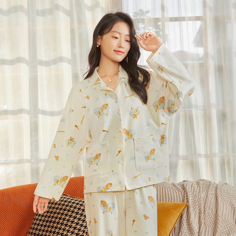 云朵泡泡 家居服(VIP)  纯棉长袖可爱卡通春秋开衫翻领长袖女士家居服睡衣女