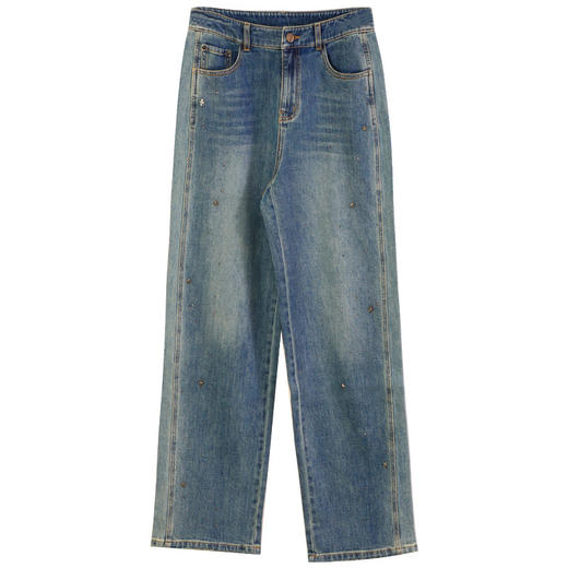 玳莎烫钻宽松牛仔裤女2025年春季新款侧缝毛边时尚百搭显瘦直筒裤  FA36301 商品图4