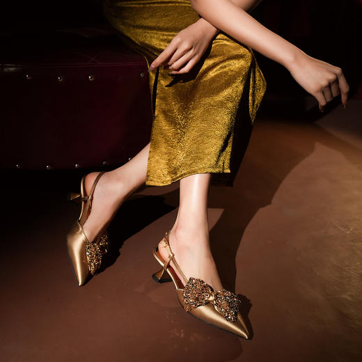 豪麟名鞋LORIBLU女鞋半凉鞋真丝布5EWSR29X金色 商品图1