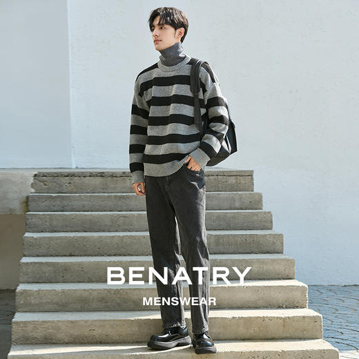 贝纳川经典圆领条纹长袖男士毛衣ECP416001402 商品图1
