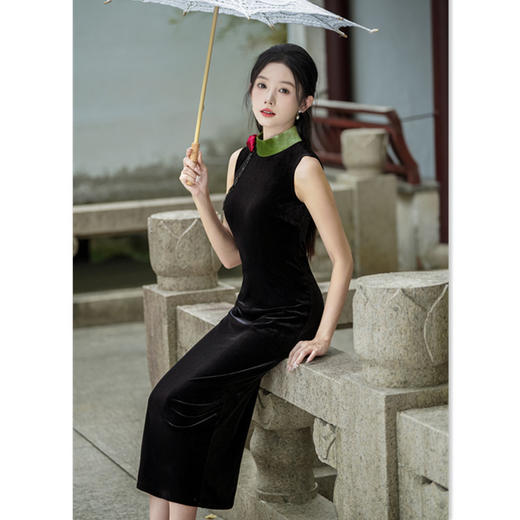 GX无袖金丝绒长款改良旗袍2025春夏新款年轻女士现代修身气质晚礼服 商品图3