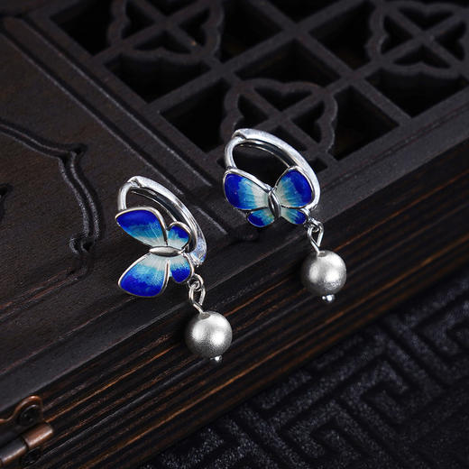 子佩集S990银【蓝蝶之恋】耳环纯银【ES00910】珐琅彩蝴蝶扣环耳圈2501 商品图3