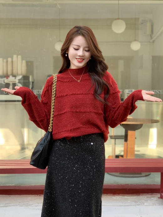 【百图lulu定制】【璀璨羽毛毛衣】懒风高级感 半高领   新年红 毛衣 商品图14
