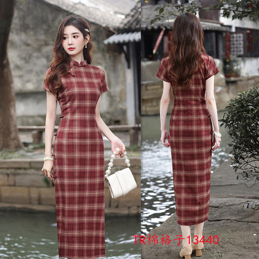 GX   TR棉文艺格子长款短袖旗袍2025春夏新款时尚改良少女款旗袍 商品图2