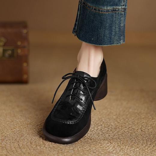 【预售5天】复古春季软底舒适深口单鞋新款羊皮拼接系带中跟黑色小皮鞋乐福鞋DPJ&2958 商品图1