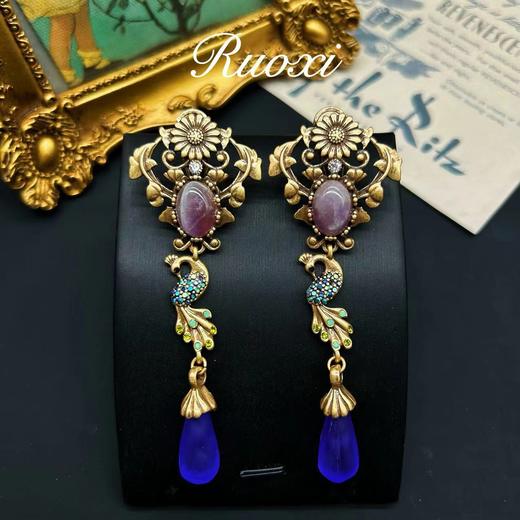 vintage00524 动物孔雀新中式玛瑙流苏古董宫廷古法耳环耳饰 商品图2