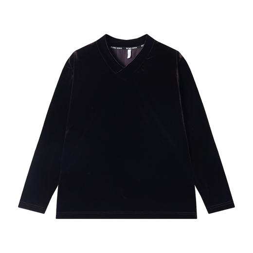 T414秋冬新款黑色亮面植绒V领套头长袖T恤休闲宽松时尚百搭 商品图6