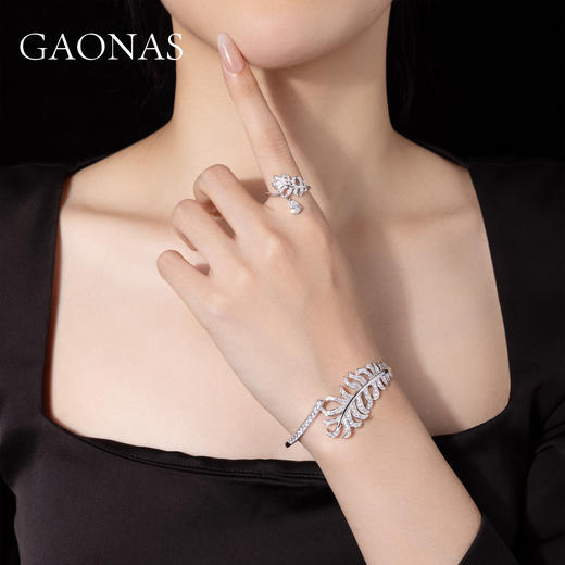 GAONAS 925银合成锆石戒指 惊鸿 时尚白色羽毛女神开口戒 11062JW 商品图3