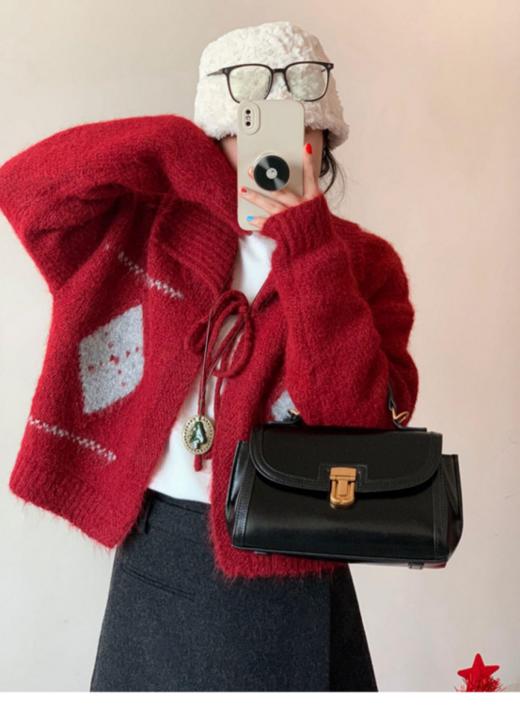 😍【Avann费尔岛欢乐假期提花系带毛衣开衫957 】：❤️穿梭芬蓝梦境，编织你的童话衣橱⛄ 1.翻领优雅露出颈部线条，😎好搭配 商品图0