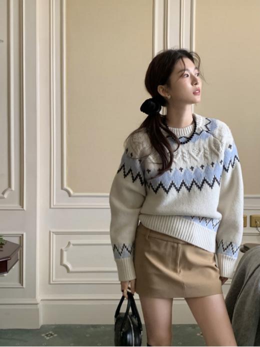 ✨冰川系费尔岛!冬日恋歌😍!【Avann费尔岛撞色提花素雅款毛衣839 】💝治愈蓝灰色自带浓浓北欧氛围!百看不腻! 商品图1