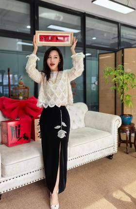 逸红颜明月优选 #迷人黑丝绒半裙【玫瑰花】重磅高定系列 非遗手工珠绣，小美人鱼裙摆