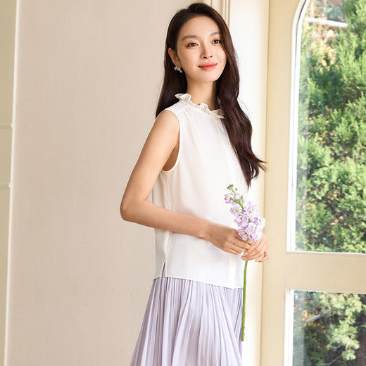 玳莎木耳边领真丝无袖衬衫女2025春季新款100%桑蚕丝白色内搭上衣  FA31002 商品图3