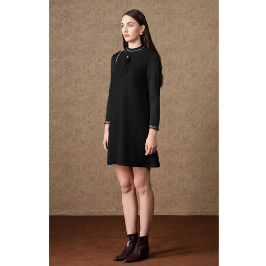 乔万尼秋冬新款百搭显瘦简约拼接羊毛弹力小立领黑色连衣裙ES4E319 商品图1