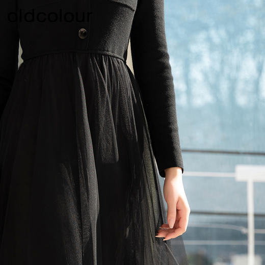 oldcolour春季新款黑色气质蕾丝拼接网纱长袖连衣裙女Q111001A1 商品图4