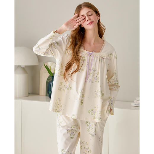 芬腾女士长袖睡衣春秋季纯棉套头套装新款休闲大码女款全棉家居服 商品图1