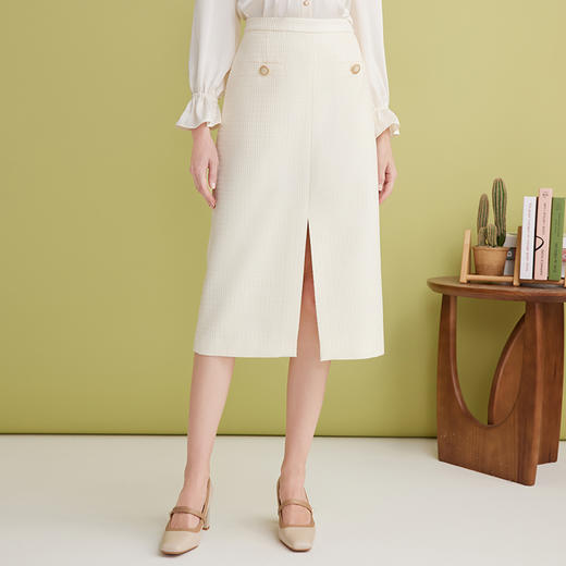 EITIE爱特爱气质小香风高腰开叉过膝a字白色半身裙春季新款A2506507 商品图3