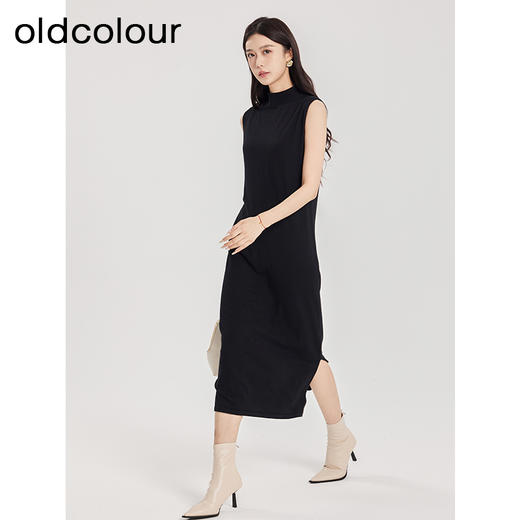 oldcolour春季新款黑色简约高级宽松半高领针织连衣裙女Q110513A1 商品图0