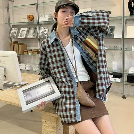 顺丰包邮42644洛诗琳美式复古手钩花格纹拼接牛仔廓形羊毛衬衫539 商品图1