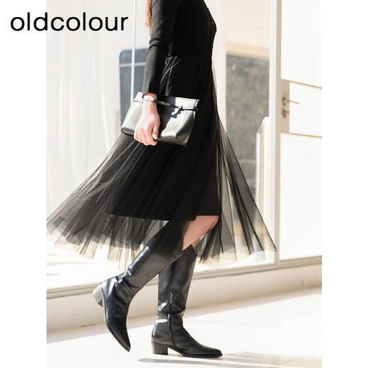 oldcolour春季新款黑色气质蕾丝拼接网纱长袖连衣裙女Q111001A1 商品图2