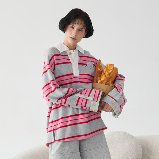 谜底条纹POLO衫上衣女2025春季新品学院风百搭宽松卫衣251MV0070 商品图1